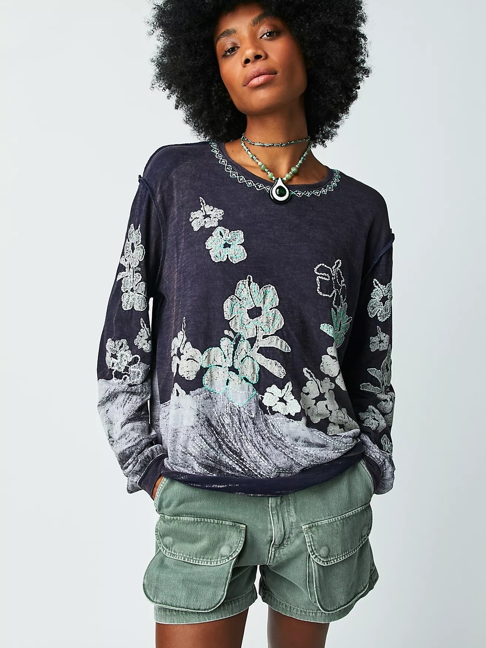 Free People We The Free Chasing Waves Tee Blue Floral Embroidered Wash Top M